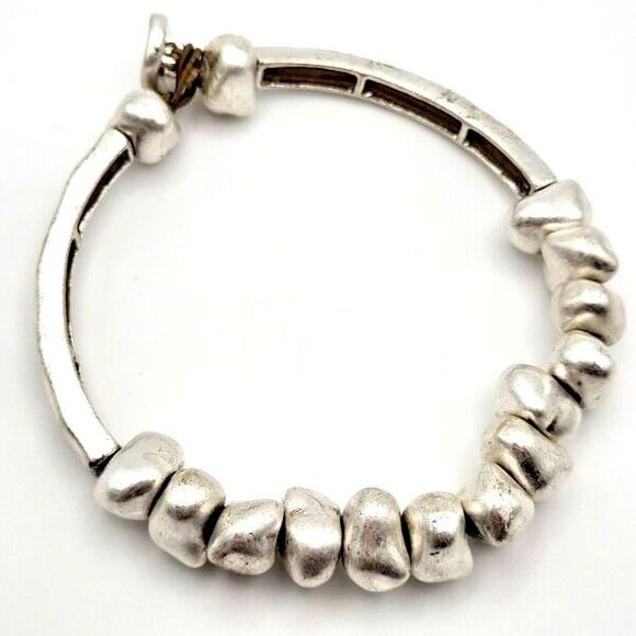 Silvertone Nugget Beads and Bar Stretch Bracelet with Button Closure - Picture 1 of 4